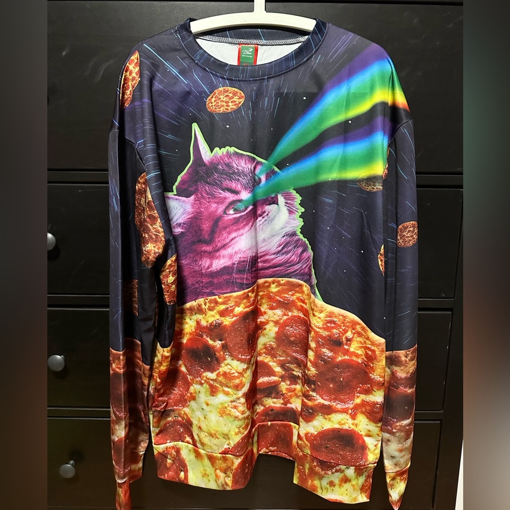 Men’s Laser Beam Cat Eyes pizza long sleeve shirt XXL NWT - Picture 1 of 2